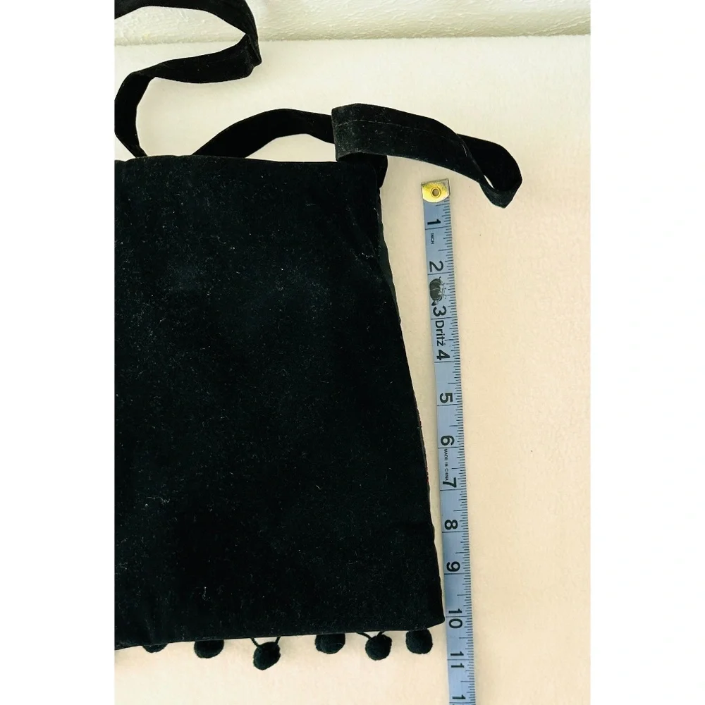 Black Crush Velvet Colorful  Front Embroidered Long Strap Purse